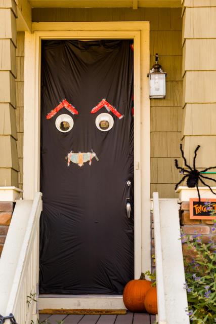 Front door decorated for Halloween