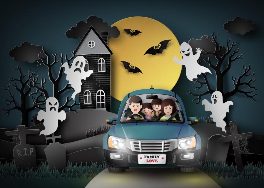 Illustration of family in car driving through ghosts and bats