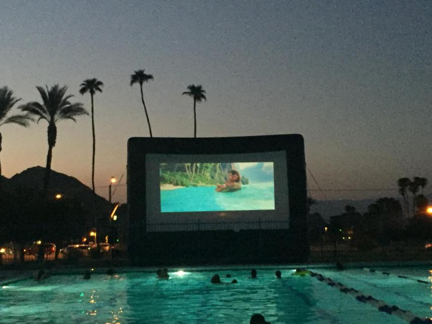 Inflatable movie screen at a pool