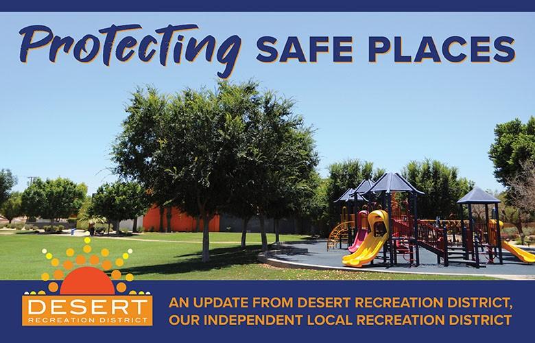 Photo of park with playground with wording "Protecting Safe Places"