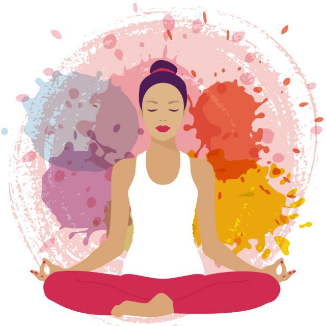 Illustration of a woman in a yoga pose with colorful background