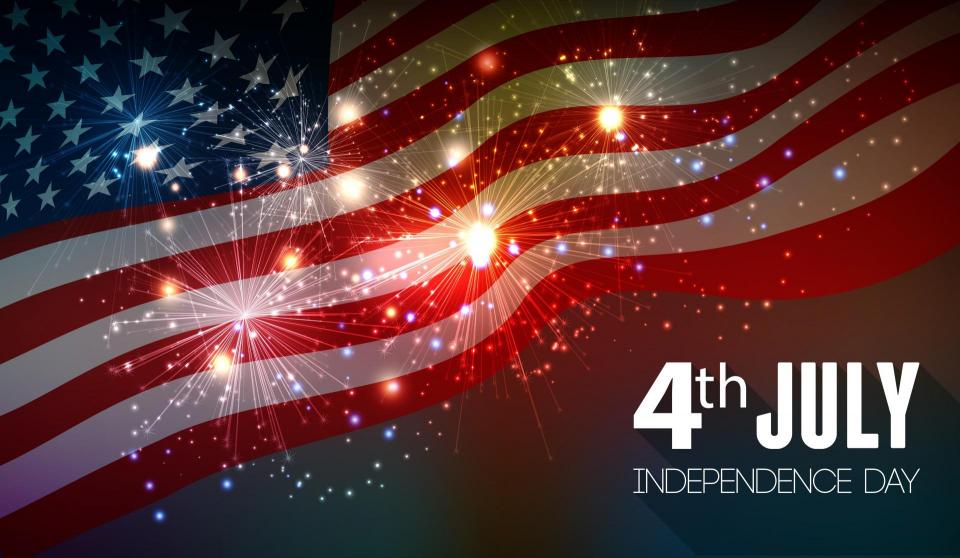 American flag with fireworks and 4th of July written