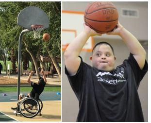 Young man shooting basket from wheel chair and standing