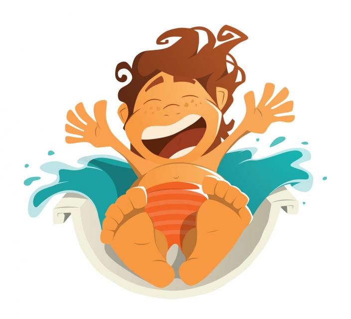 Animated drawing of a boy coming down a water slide