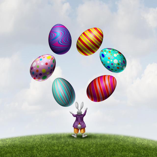 Illustration of a rabbit juggling easter eggs
