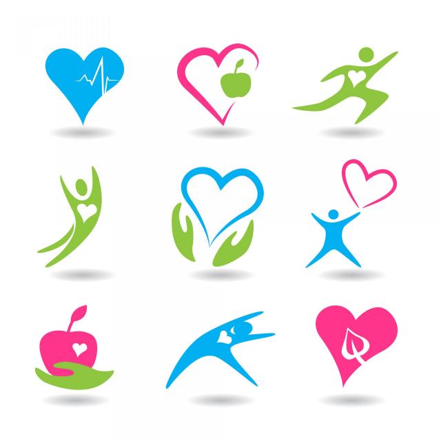 drawings of hearts and healthy activities and foods