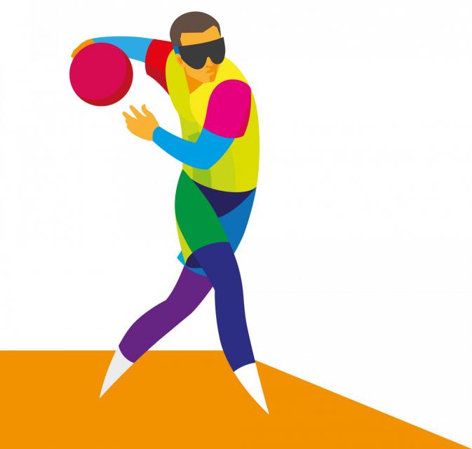 Drawing of a person blindfolded with a ball