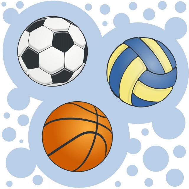Animated drawing of a basketball, soccer ball and volleyball