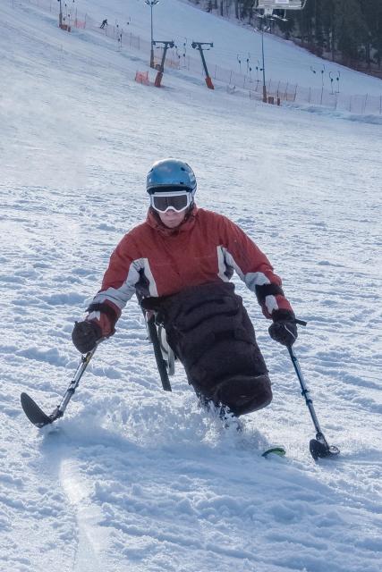 Person in wheelchair snow boarding
