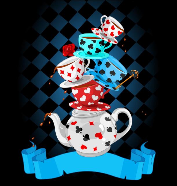 Tea pots stacked as Alice in Wonderland would do