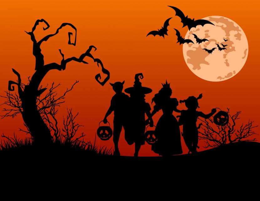 Animated drawing of kids in silhouette trick or treating in costumes
