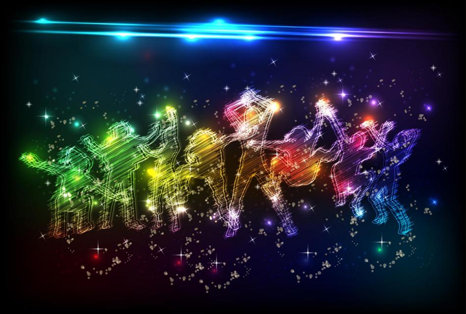 Outlines of people in neon colors in a dark dance club type setting