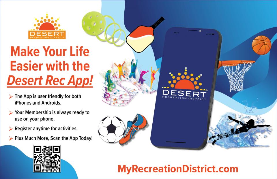 Person holding a cell phone displaying the Desert Rec App