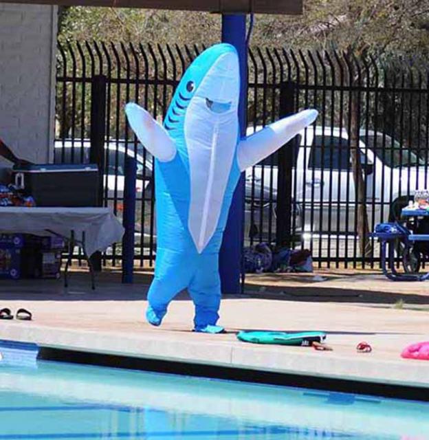 Person in shark costume with instructor