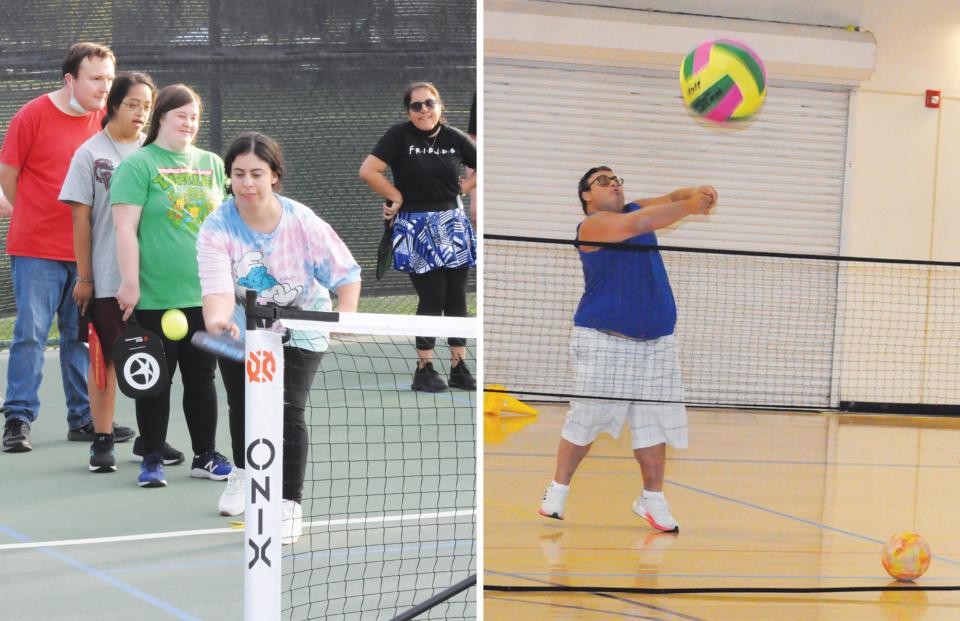 Image showing someone playing adaptive volleyball and someone  playing pickleball
