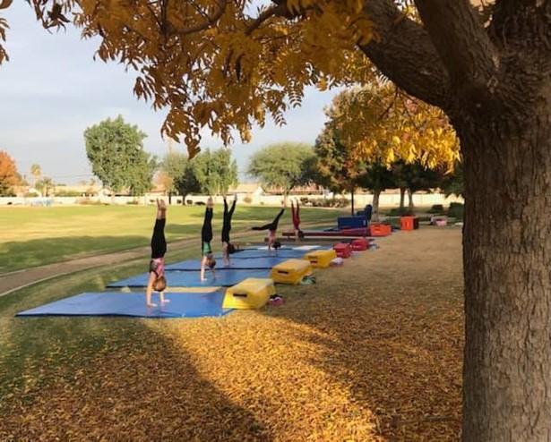 Gymnasts doing handstands outdoors