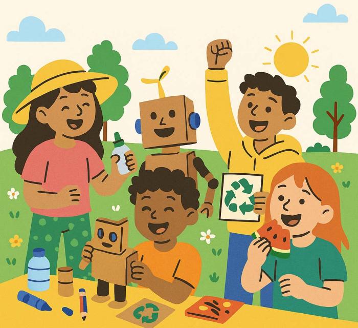 Colorful clip art of kids at a fun filled outdoor event doing arts and crafts
